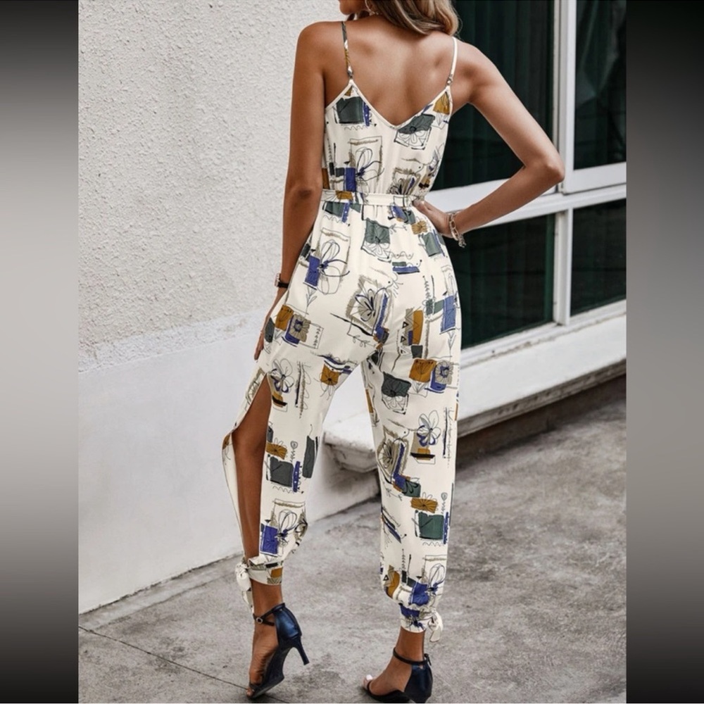 #186 Boho Geo Print Cutout Leg Cami Jumpsuit With Tie Belt